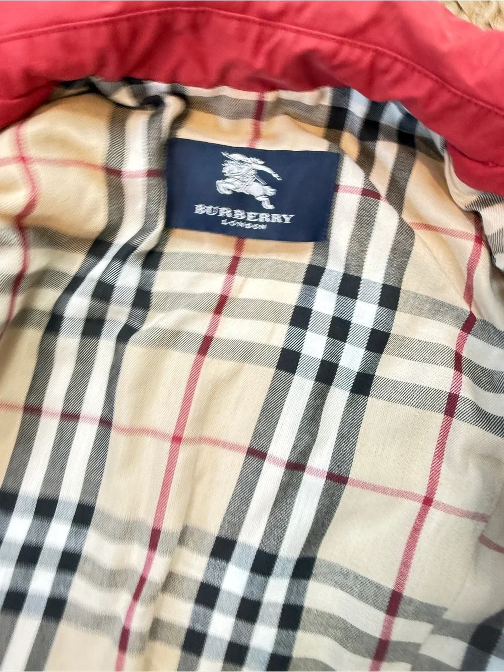 Burberry Kids Quilted Red Puffer Jacket with Check Lining